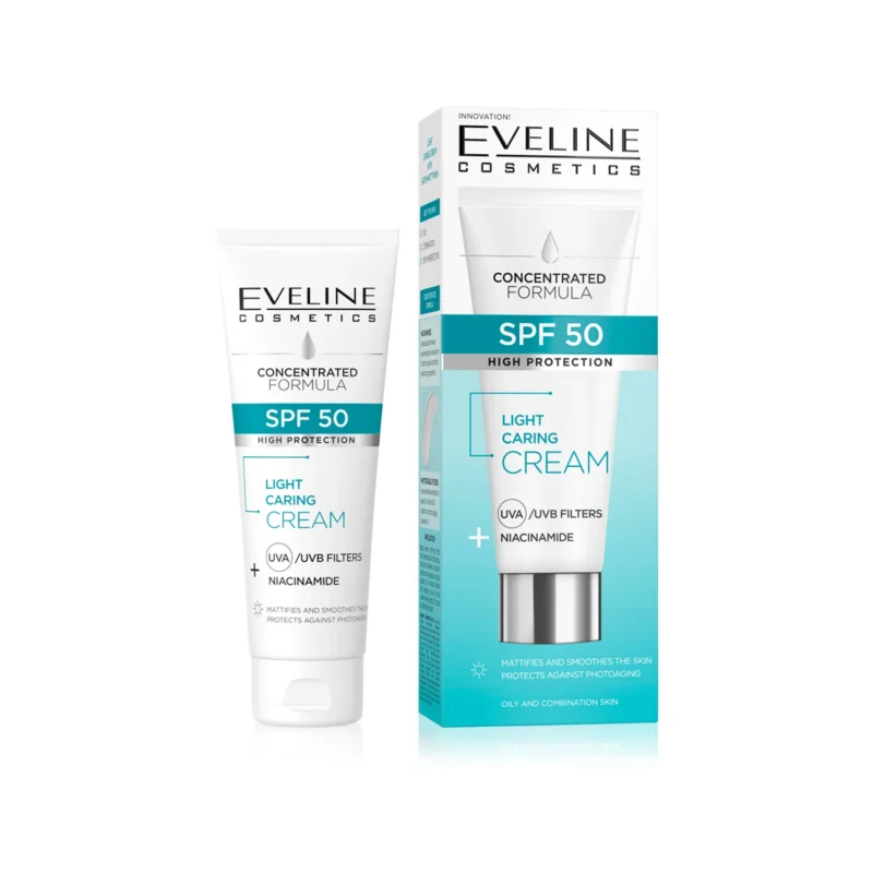 Eveline Cosmetics Light Care SPF 50 – Cremă de față cu protecție ridicată pentru ten gras și mixt