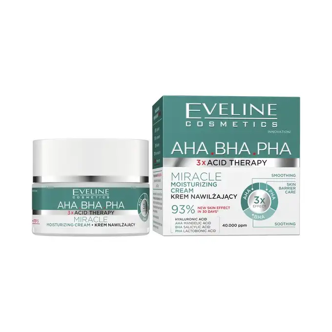 Eveline 3 x Acid Therapy AHA/BHA/PHA – Cremă Hidratantă și Regenerantă, 50 ml